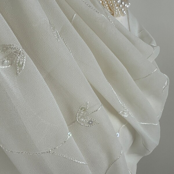 Ivory Cream Poly Chiffon floral sequins embroidery scarf|Dressy Formal Shawl|Bridal wedding wrap|wedding favors|Evening coverup|Shrug