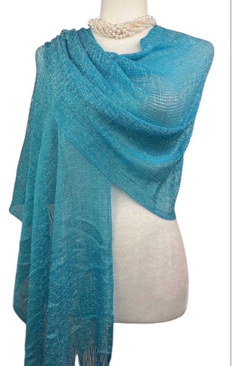 Turquoise blue Shimmer shiny sparkle metallic sheer mesh scarf|wedding favors|Evening coverup|Beach Sarong|Mantilla|Rave Festival Scarf image 3