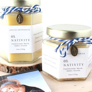 Nativity Beeswax Candle: Catholic Rosary Inspired, Frankincense, Myrrh, Incense