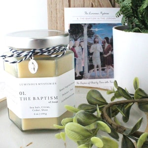 Baptism of Jesus Beeswax Candle: Luminous Mysteries Rosary Candle