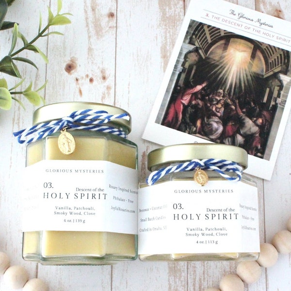 Descent of the Holy Spirit Beeswax Candle, Catholic Rosary Candle, Vanilla, Patchouli, Smoky Wood, Clove, Pentecost Candle