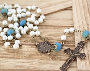 Stella Maris Catholic Rosary, Vintage Inspired, Mother of Pearl Gemstone Beads, Traditional Catholic Gift