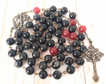 St. Michael Rosary, Men’s Rosary, Petrified Wood and Jade Gemstone Beads, Handcrafted Five Decades