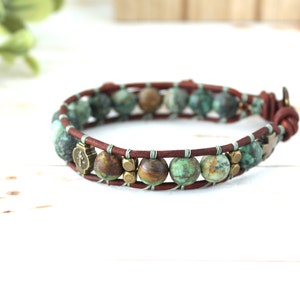 Rosary Bracelet, Leather St Benedict Catholic Jewelry, African Turquoise Gemstone Beads, Unisex Bracelet