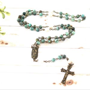 Handmade Catholic Rosary: African Turquoise Jasper Beads, Our Lady of Guadalupe