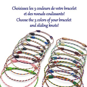 Könnte beinhalten: Eine Sammlung farbenfroher geflochtener Armbänder mit Gleitknoten. Die Armbänder sind in verschiedenen Farben erhältlich, darunter Grün, Rosa, Blau und Braun. Der Text im Bild lautet: "Wählen Sie die 3 Farben Ihres Armbands und der Gleitknoten!"