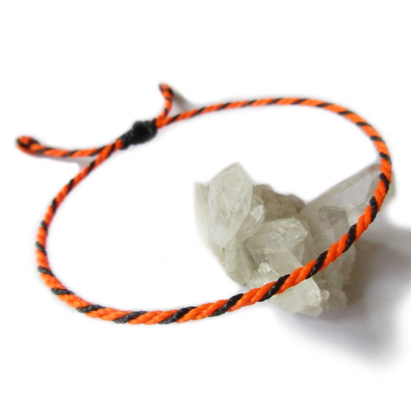 Bracelet Orange "Fluo" & Noir Corde Simple | Fin Cordon Souple de 2 mm | Tressé Avec Du Fil Ciré | Ajustable et Résistant à l' Eau | #Bi11