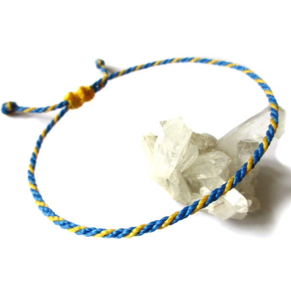 Bracelet Bleu & Jaune Corde Simple | Fin Cordon Rond Souple de 2 mm | Tressé Avec Du Fil Ciré | Ajustable Unisexe et Résistant à l' Eau |#P7