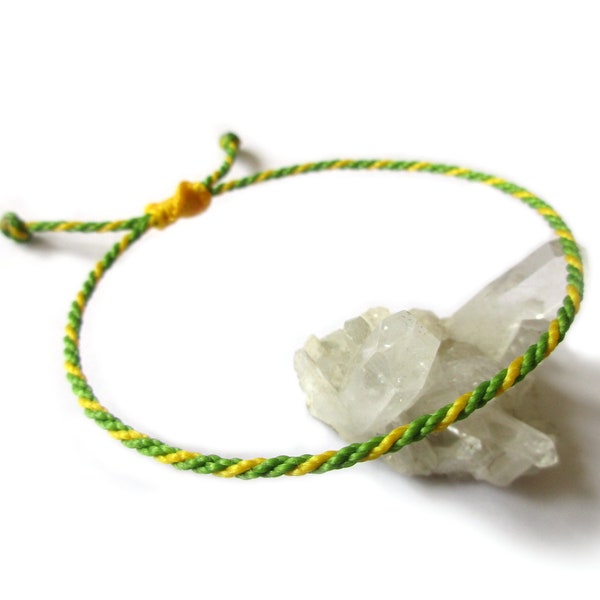 Apple Green & Yellow Cord Bracelet | 2 mm Thin Round Rope Wristband | Braided With Waxed Thread | Adjustable Simple and Waterproof | #Bi18