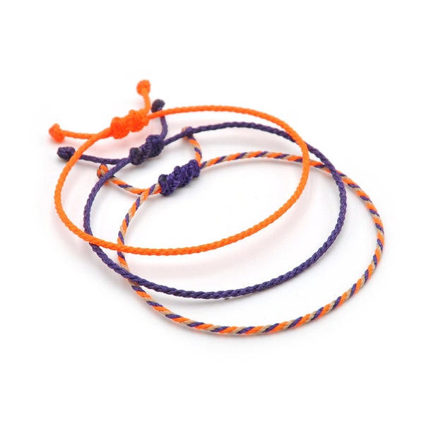 X3 Purple & Neon Orange Mix Cord Bracelets | 2 mm Thin Round Rope Wristbands | Braided With Waxed Thread | Adjustable and Waterproof | #X3Q