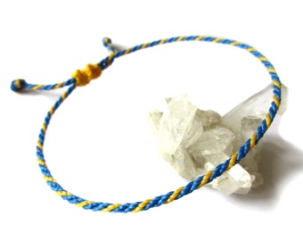 Bracelet Bleu & Jaune Corde Simple | Fin Cordon Rond Souple de 2 mm | Tressé Avec Du Fil Ciré | Ajustable Unisexe et Résistant à l' Eau |#P7