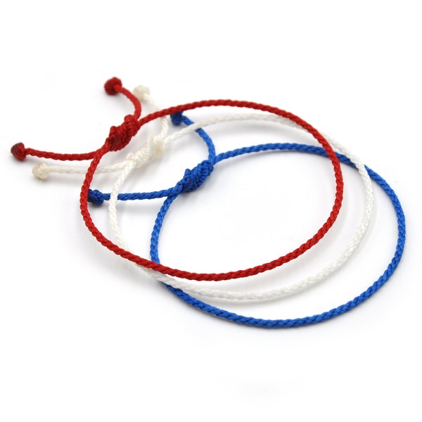 X3 Bracelets Bleu Blanc Rouge Corde Simple | Fin Cordon Rond Souple de 2 mm | Tressé Avec Du Fil Ciré | Ajustable et Résistant à l' Eau |X3J