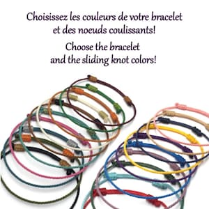 May include: A selection of colourful bracelets with sliding knots. The bracelets are shown in a range of colours, such as green, pink, blue, and brown. The image includes the text, "Choose the bracelet and the sliding knot colours!"