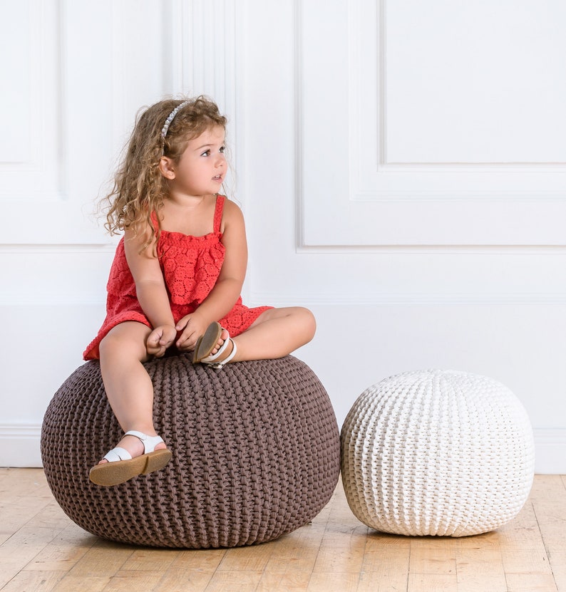 Grey Knit Pouf Ottoman Chunky Cotton Pouf Footstool Nursery Kids