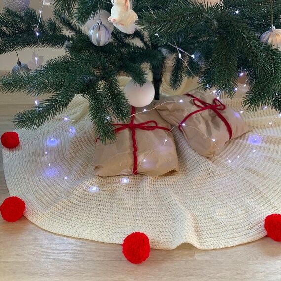 Knit Christmas skirt Tree skirt Pom pom skirt Etsy
