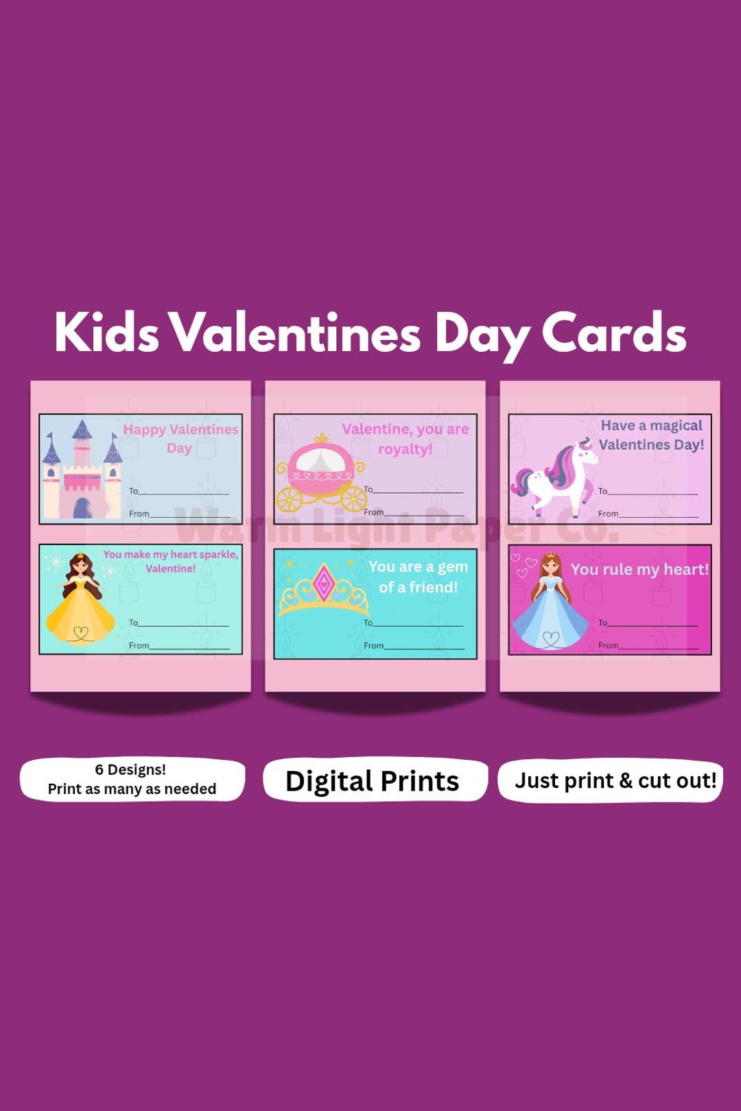 Kids Valentine Cards | Princess Printable Classroom Valentines (instant ...
