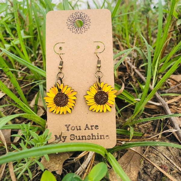 Hand-Painted Laser-Cut Wood Sunflower Drop Earrings