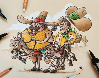 Dessin original "José et Sancho à cheval"