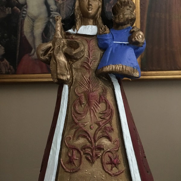 Vierge à l’enfant madonne plâtre polychrome.