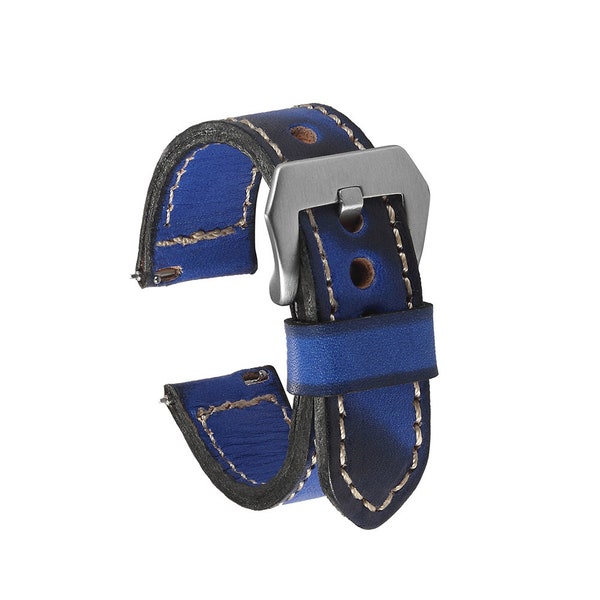 20mm 22mm Blue Camo Leather Watch Strap Hand Crafted Handmade with Quick Release Pins