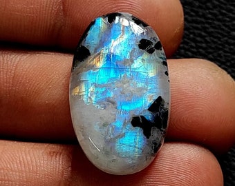 Gorgeous Rainbow Moonstone Cabochon With Black Tourmaline 30X18X7 mm Oval Shape Jewelry Gemstone Best Quality Rainbow Moonstone Gemstone