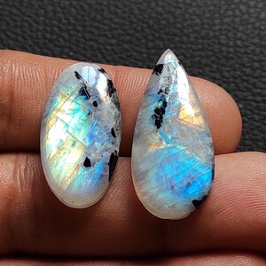 Very Rare 2 Pic Lot  Rainbow Moonstone Gemstone Cabochon With Black Tourmaline Mix Size & Shape Jewelry Cabochon Rainbow Moonstone Cabochon