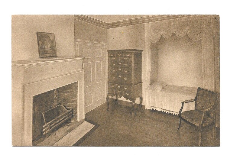 Vintage Post Card Bedroom At Monticello Of Martha Daughter Of Thomas Jefferson Showing Alcove Bed Original High Chest And Arm Chair