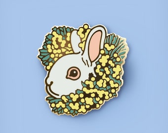 White rabbit and mimosa flowers enamel pin •  Lapin blanc et fleurs de mimosa