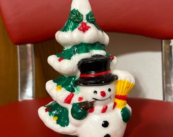 Vintage Winter Holiday Snowman Tree Candle, Vintage Christmas Candle, Snowman Candle, Vintage Christmas Wax Candle 6”