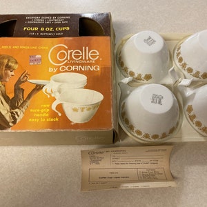 Vintage Corelle 218 4 Butterfly Gold 8oz cups in Original Box, vintage Corelle by Corning Butterfly Gold, vintage original box Corelle