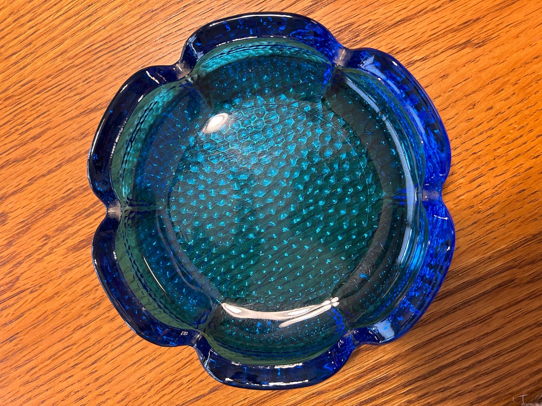 Vintage Blenko Blue Glass Ashtray Pebbled Bottom MCM 1960s Etsy