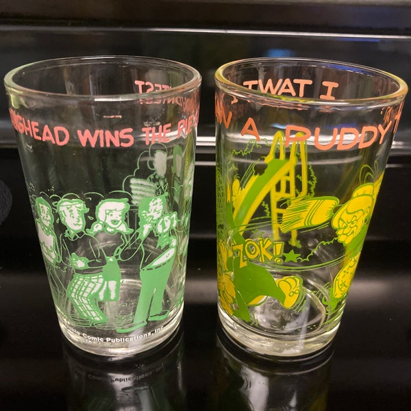 Vintage 70s comic collector glasses, 1974 Warner Bros Puddy Cat Elmer and 1973 Archie Jughead Pie Eating Contest Betty Glass