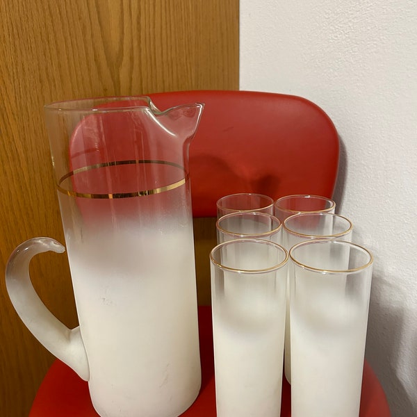 Vintage West Virginia Glass Blendo White Frosted Pitcher & Tumblers Set of 7