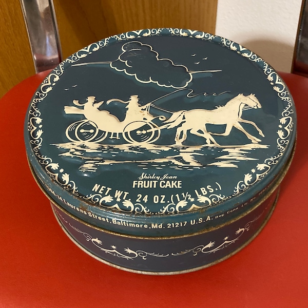 Vintage Shirley Jean Fruit Cake Horse & Carriage Metal Tin Blue Embossed 7”, vintage fruitcake tin, vintage Christmas tin