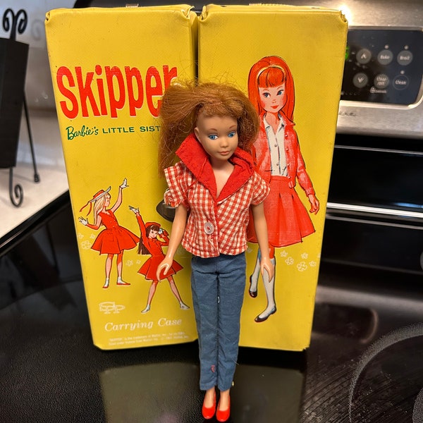Vintage Mattel Barbie Doll Case Trunk Skipper Yellow 1964 with Vintage Skipper Doll, Skipper and Case 1964