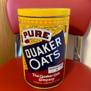 Collectible PURE QUAKER OATS 1991 Tin Can Replica 1896 Label Rolled White Oats, Quaker Oat Tin