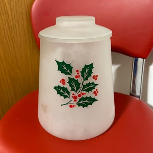 Vintage Bartlett Collins Glass Lidded Christmas Frosted Cookie Candy Jar Holly Berries