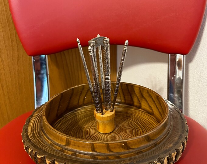 Vintage Nut Cracker Set With Wooden Log Bark Nut Bowl With Nut Cracker and 4 Pics, Vintage