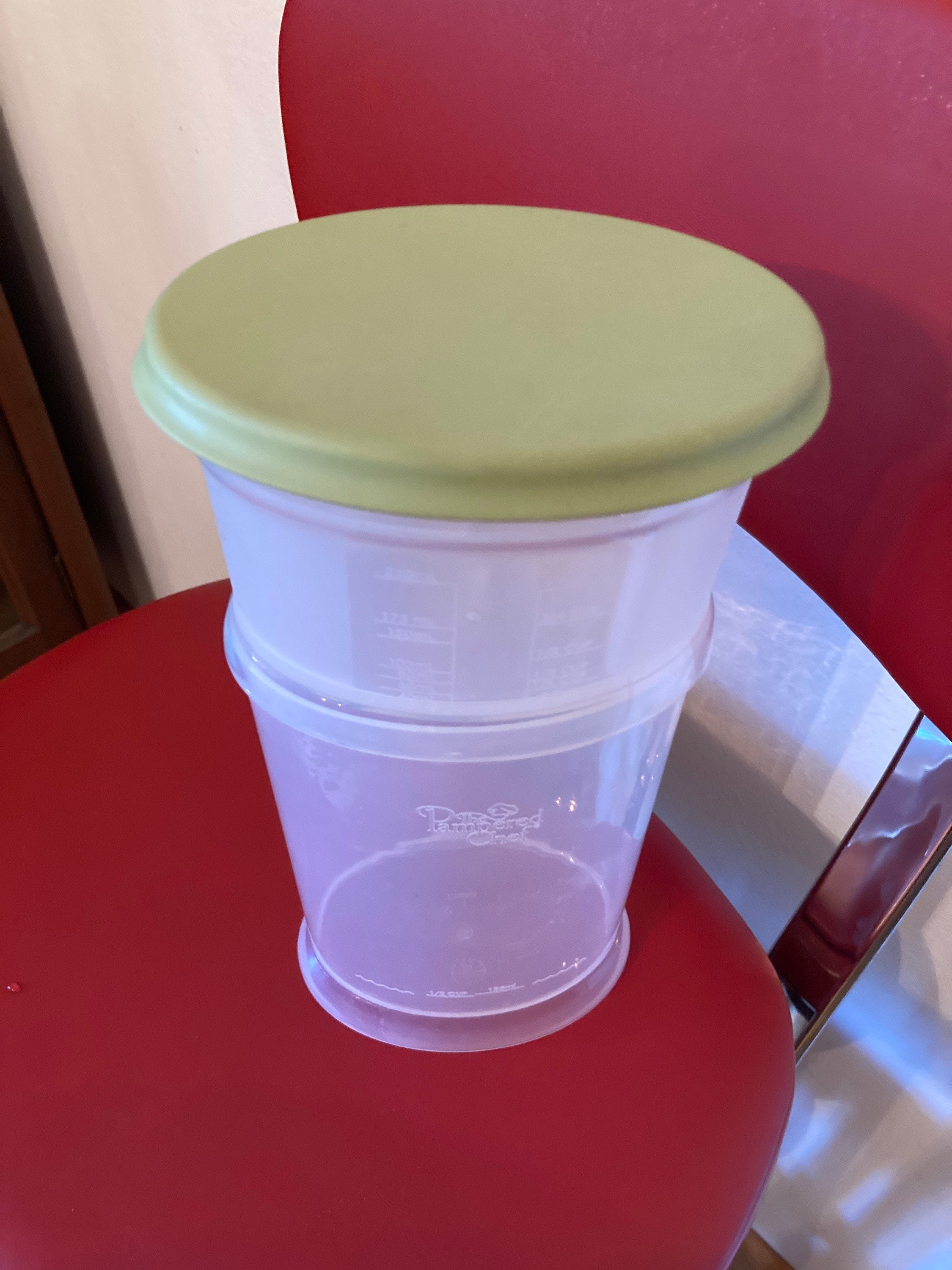 The Pampered Chef Measure and Store Clear Plastic Measure Cup and Container  With Green Lid, 3 Piece Measure and Store 