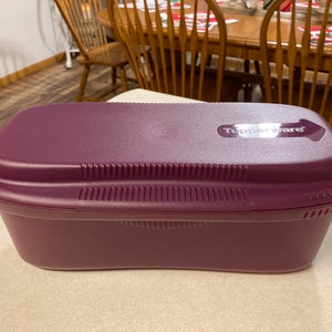 May include: A purple plastic rectangular Tupperware container with a white label that says "Tupperware" with an arrow pointing to the right.