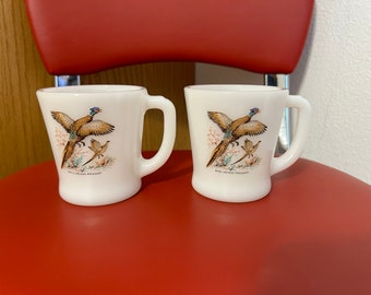 Vintage Set of 2 Fire King Glass Mug with Ring Necked Pheasant Design