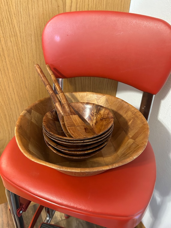 Vintage Pressed Wood Weave Wooden Salad Bowl Set, Vintage Wood Salad Bowl Set