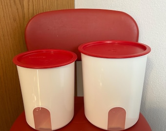 Vintage Set of 2 Tupperware One Touch Reminder Canisters B and C White with Red Lids