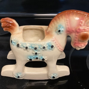 Vintage Rocking horse planter, Blue and pink rocking horse planter for baby shower or nursery, vintage planter, vintage rocking horse