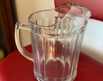 Vintage Hazel Atlas ribbed panel clear glass heavy Pitcher with ice lip, vintage Hazel Atlas Pitcher, vintage glass pitcher