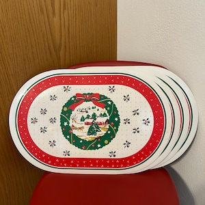 Vintage Lot of 4 Christmas Holiday Winter Vinyl Placemats Kitchen Dinner Dining, Vintage Christmas Placemats