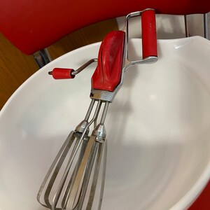 Vintage Egg Beater Hand Mixer Utensil Whisk Vintage Metal Red Handle