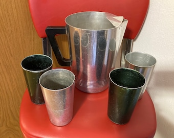 Vintage Aluminum Regal Pitcher & Tumbler Set of 4, Aluminum Pitcher Drink Set, 4 1/2 “ Bascal Tumblers, 7 1/2” Regal Pitcher