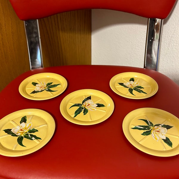 Vintage Metal Tin Yellow MCM Coasters, Tin Coasters, Metal Rose Coaster Set of 5