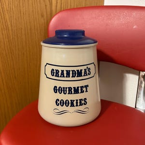 Vintage Bartlett Collins Grandma&#39;s Gourmet Cookies Glass Cookie Jar Blue Lid, Vintage Cookie Jar, Grandma’s Cookie Jar, Bartlett Collins